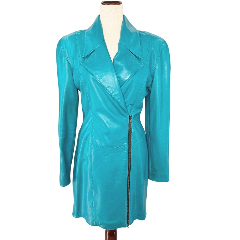 Michael Hoban North Beach Leather Teal Lambskin Coat Dress Asymmetric Zip Size 6